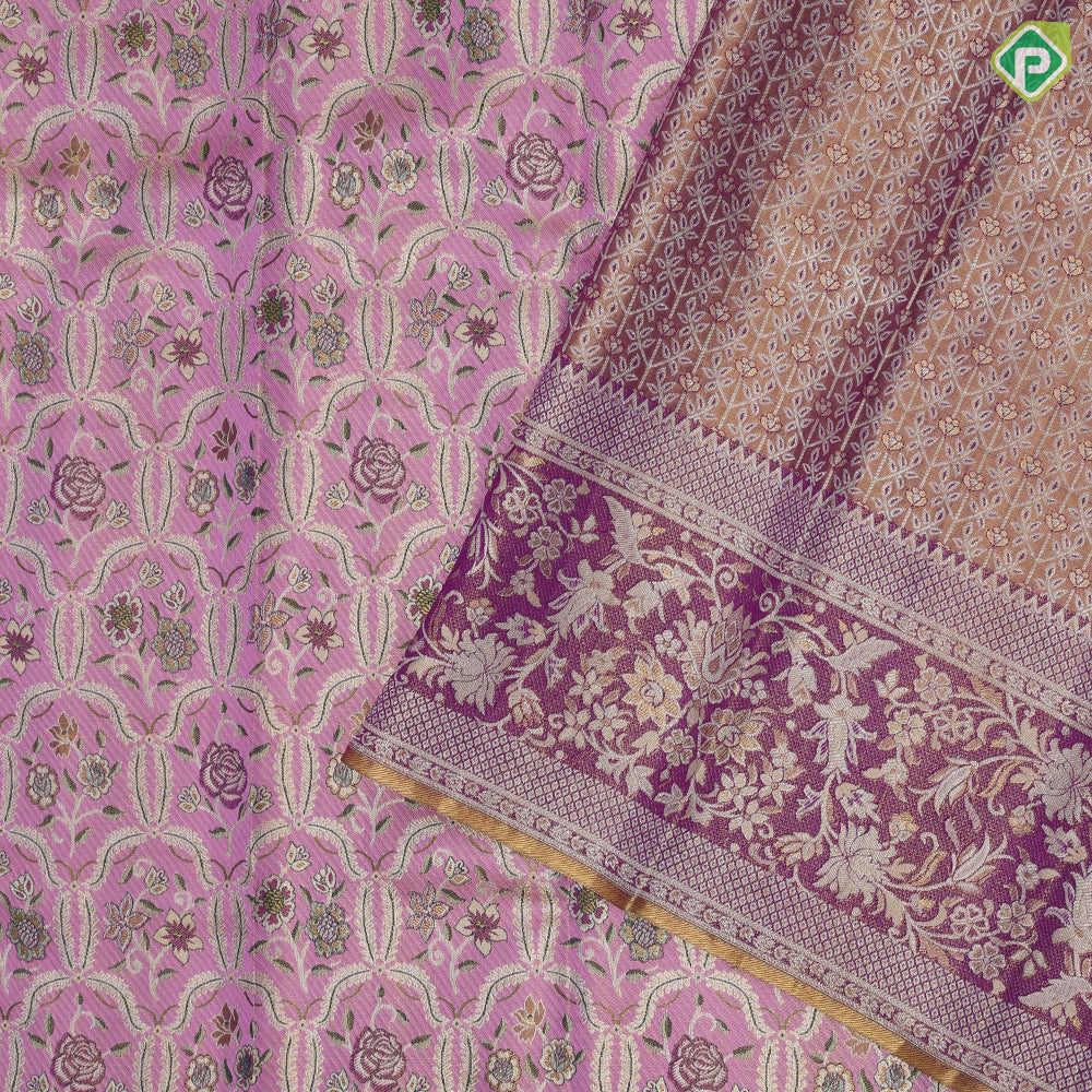 Baby pink multi color zari meena work tissue weaved purple with meena work border exclusive bridal silk saree