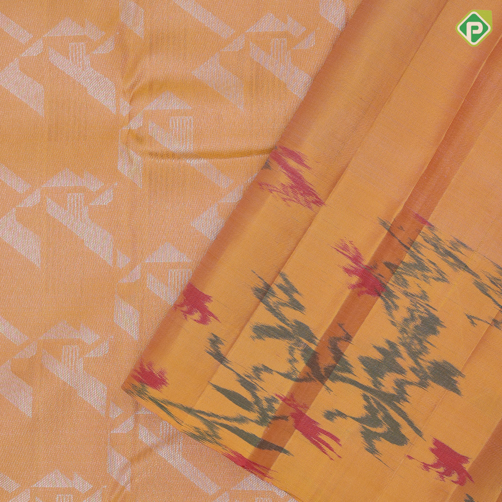 Mustard silver gold zari self geomatical design self gold zari leaf ikkat design border fusion silk saree