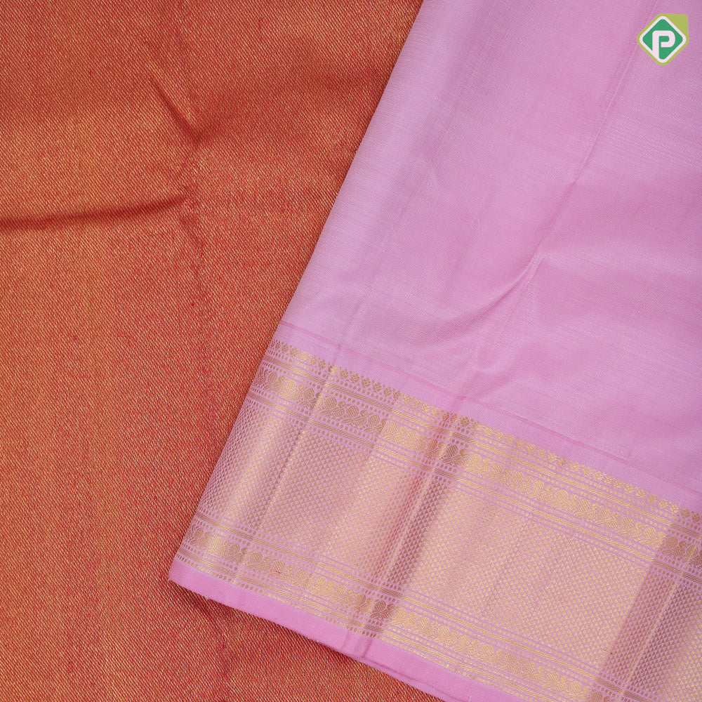 tomato red base gold zari by zari tissue weave temple design candy pink gold zari mayikan border fusion silk saree