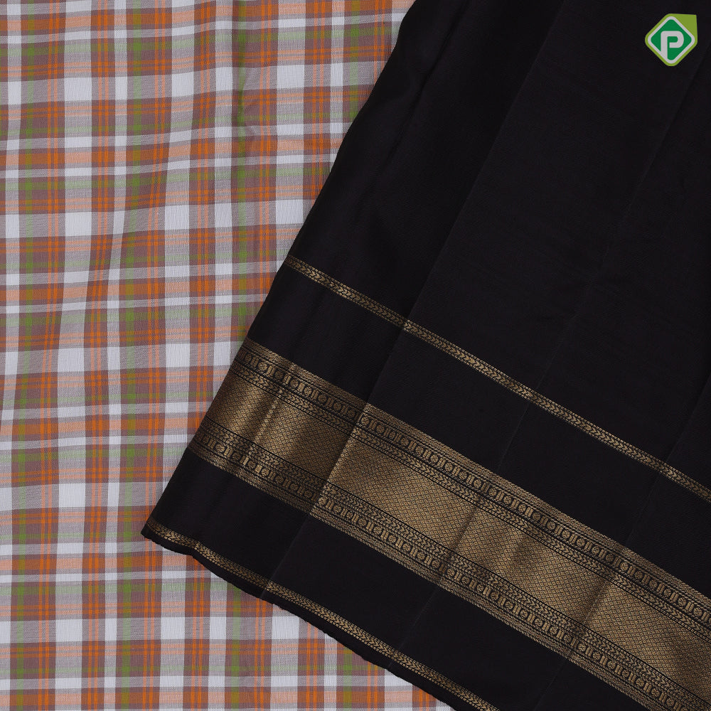 Multi Color barbarian checks design dark brown gold zari tri border traditional silk saree