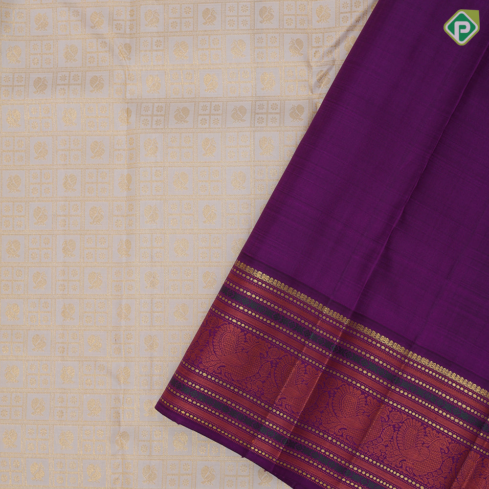 Cream white gold zari butta checks design purple with gold zari and thread work lines border vintage silk saree