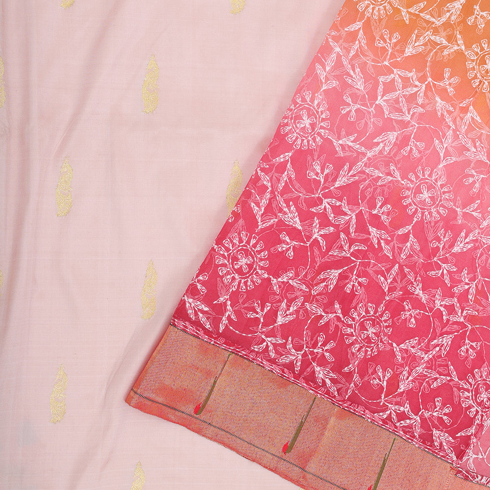 peach pink gold zari fancy peacock butta onion pink thread work border banaras style pallu kora silk saree