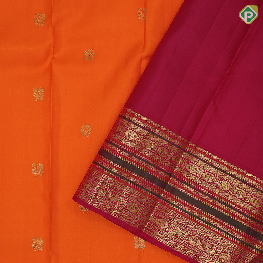 Kaavi orange gold zari Annam chakkaram butta motifs rani red gold zari rudrakkam annam butta lines border vintage silk saree