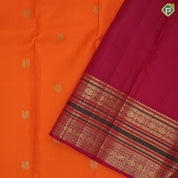 Kaavi orange gold zari Annam chakkaram butta motifs rani red gold zari rudrakkam annam butta lines border vintage silk saree