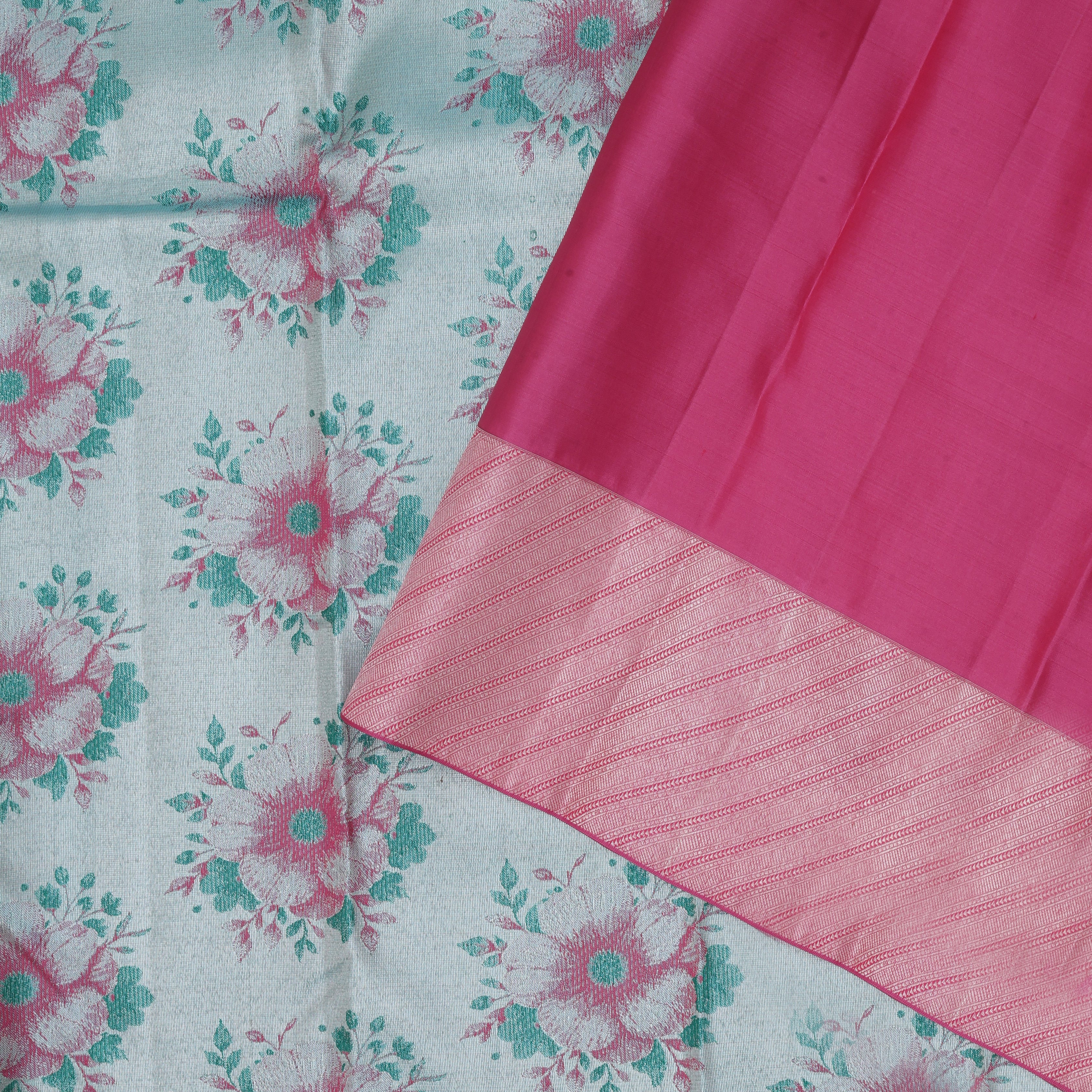 Tea Green silver zari floral design Pink silver zari cross design border trendy designer tissue silk saree