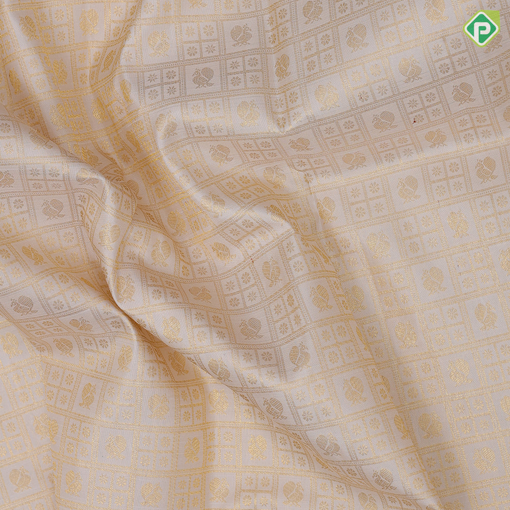 Cream white gold zari butta checks design purple with gold zari and thread work lines border vintage silk saree
