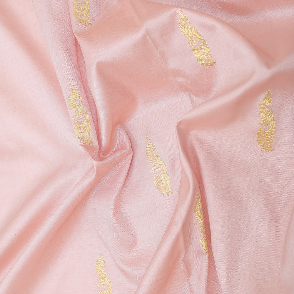 peach pink gold zari fancy peacock butta onion pink thread work border banaras style pallu kora silk saree