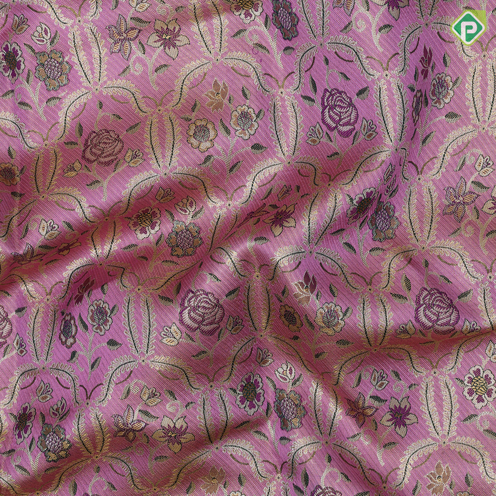 Baby pink multi color zari meena work tissue weaved purple with meena work border exclusive bridal silk saree