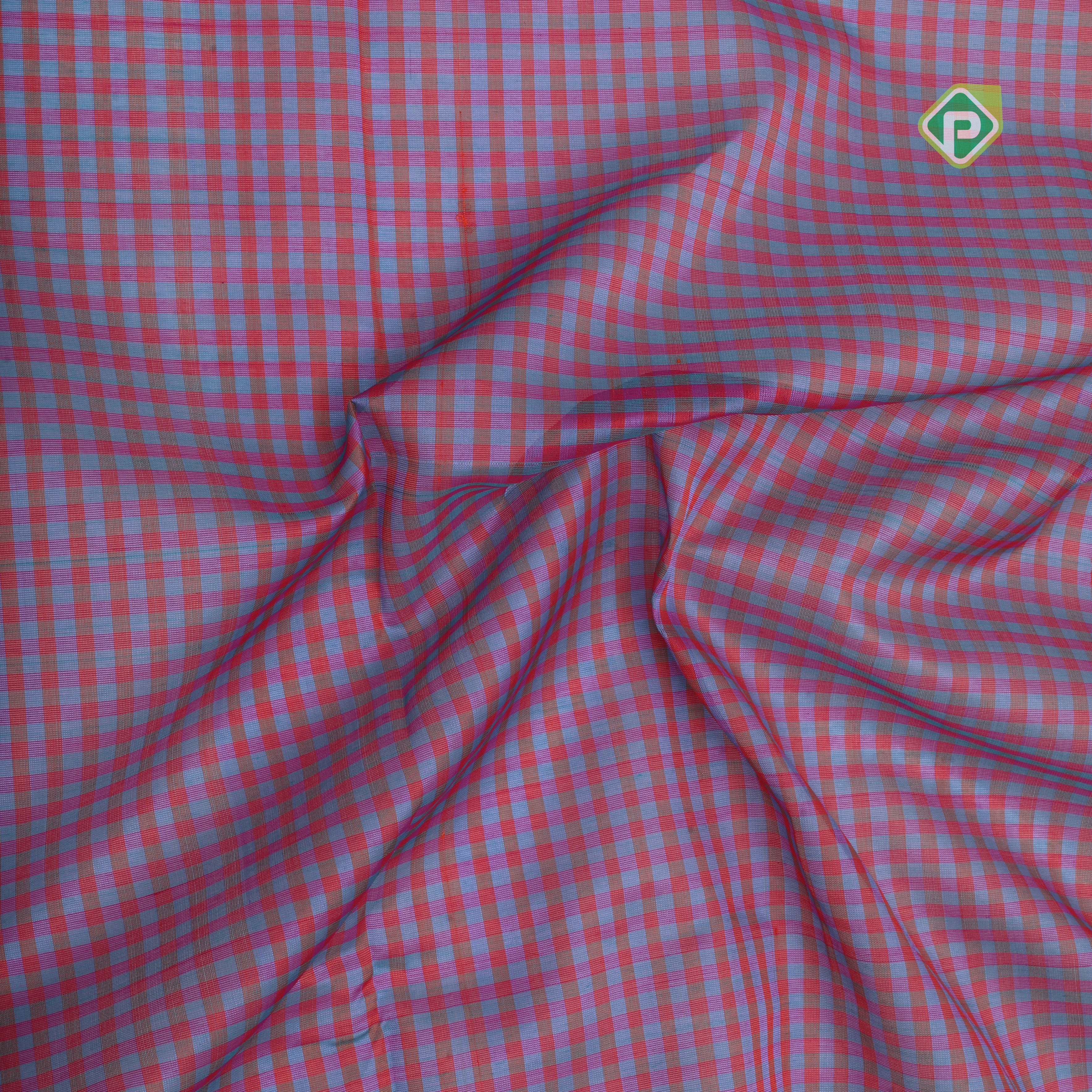 Multi color checked grand pallu blue gold zari koorvai temple border silk cotton saree