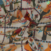 Sandal base multi color ikkat design red gold zari multi butta design koorvai border fusion silk saree