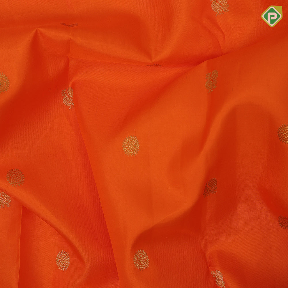 Kaavi orange gold zari Annam chakkaram butta motifs rani red gold zari rudrakkam annam butta lines border vintage silk saree