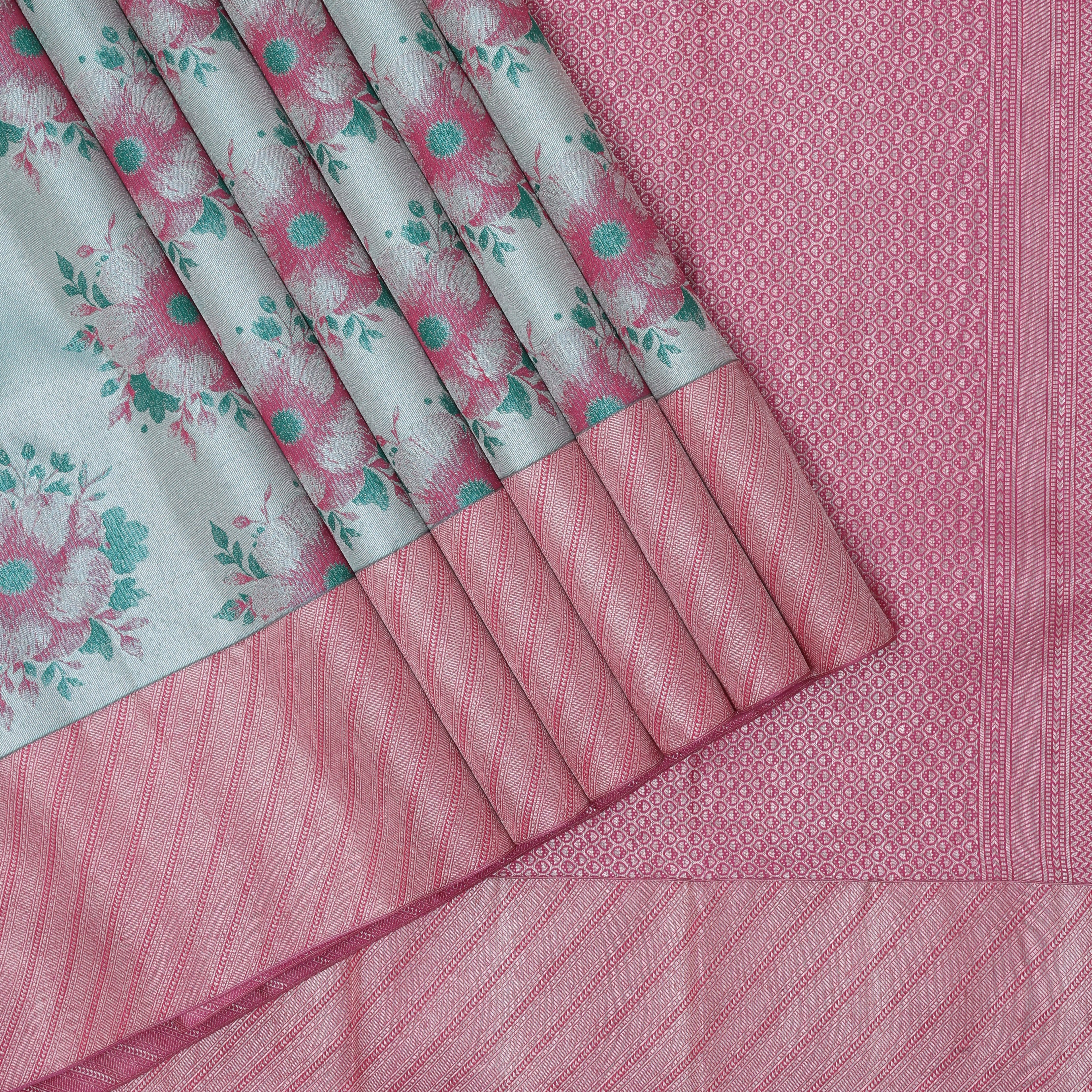 Tea Green silver zari floral design Pink silver zari cross design border trendy designer tissue silk saree