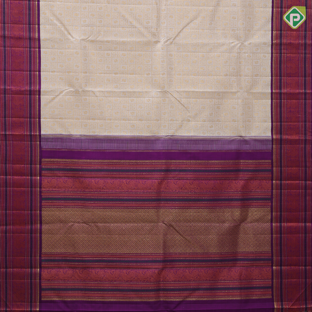 Cream white gold zari butta checks design purple with gold zari and thread work lines border vintage silk saree