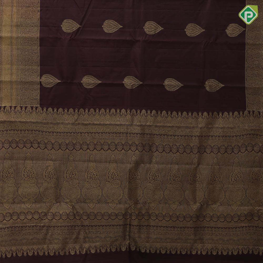 Bottle green gold zari leaf design self gold zari mango butta border gift silk saree