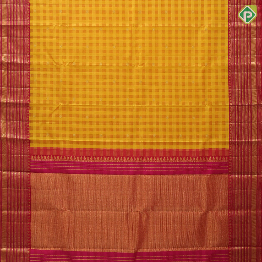 Dual yellow checks and chakkaram butta design rani red gold zari multi lines border kora traditional silk saree