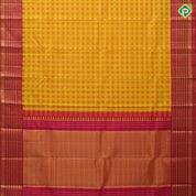 Dual yellow checks and chakkaram butta design rani red gold zari multi lines border kora traditional silk saree