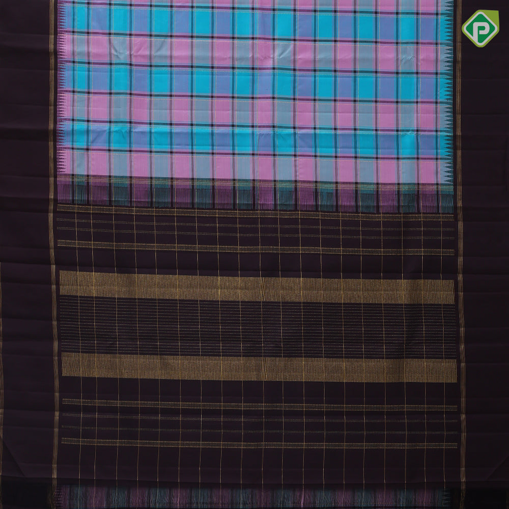 Multi color with gold zari chennai checks design chocolate brown gold zari retta pattai border traditional silk saree