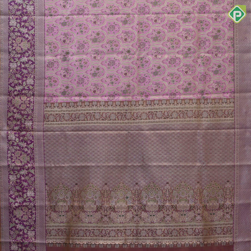 Baby pink multi color zari meena work tissue weaved purple with meena work border exclusive bridal silk saree