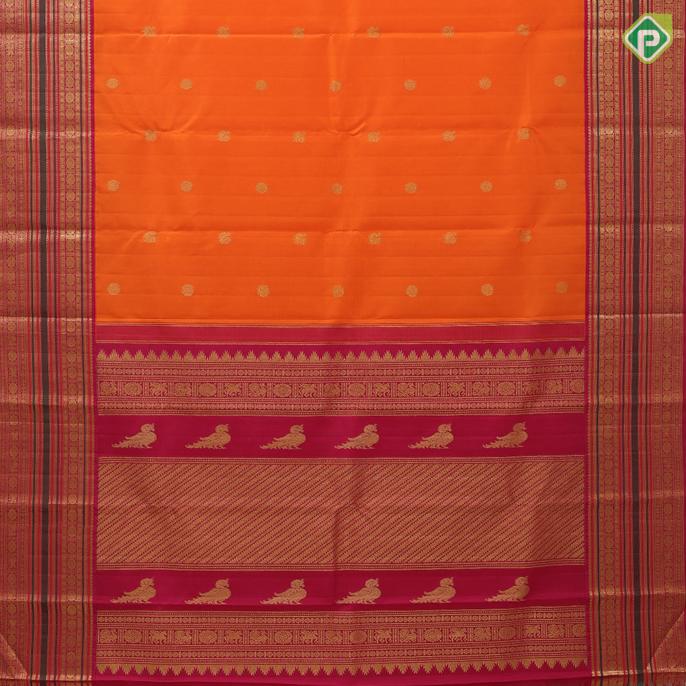 Kaavi orange gold zari Annam chakkaram butta motifs rani red gold zari rudrakkam annam butta lines border vintage silk saree