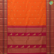 Kaavi orange gold zari Annam chakkaram butta motifs rani red gold zari rudrakkam annam butta lines border vintage silk saree
