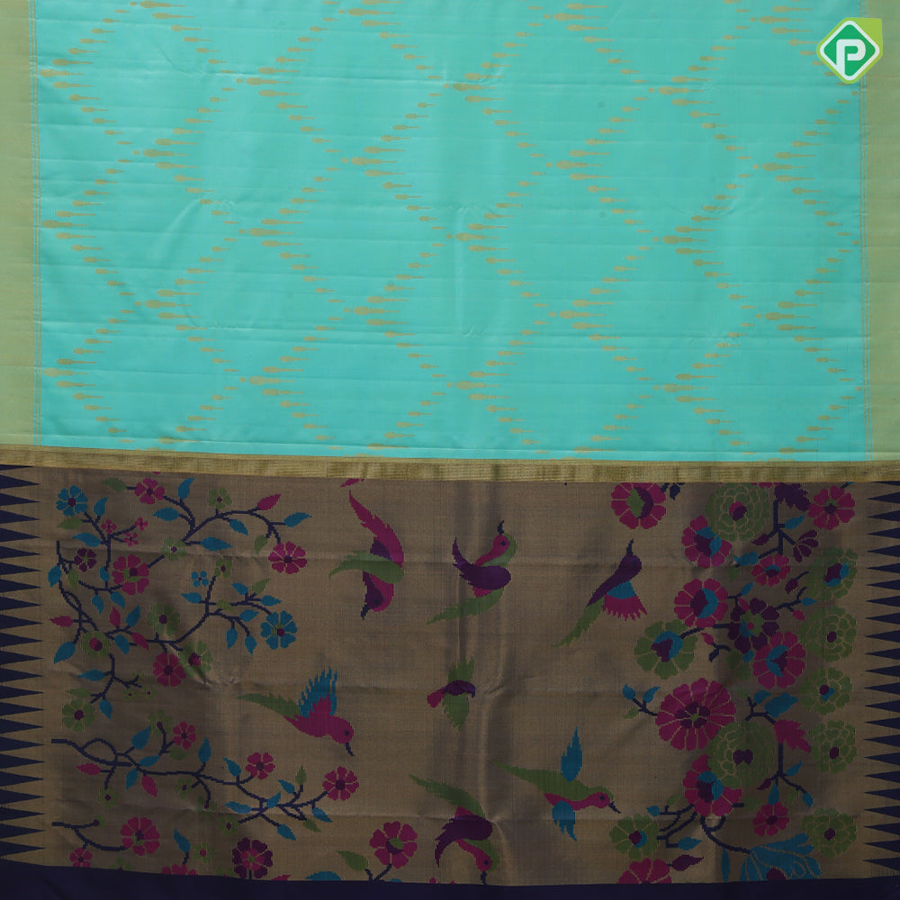 Sea green gold zari organized rain drop tissue weaved self gold zari edge border pythonic border pallu concept signature edition silk saree