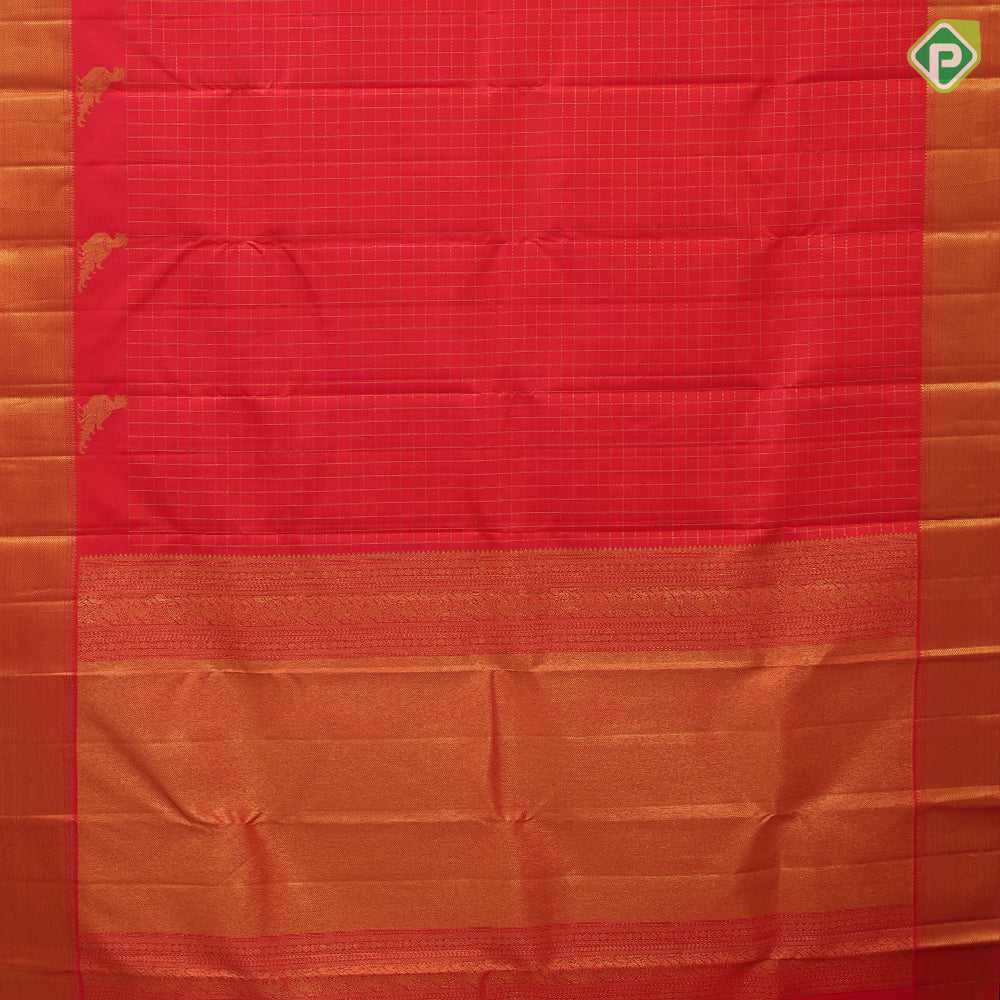 Flame red gold zari kattam checks design parrot butta padded self gold zari bavanji edge border traditional silk saree