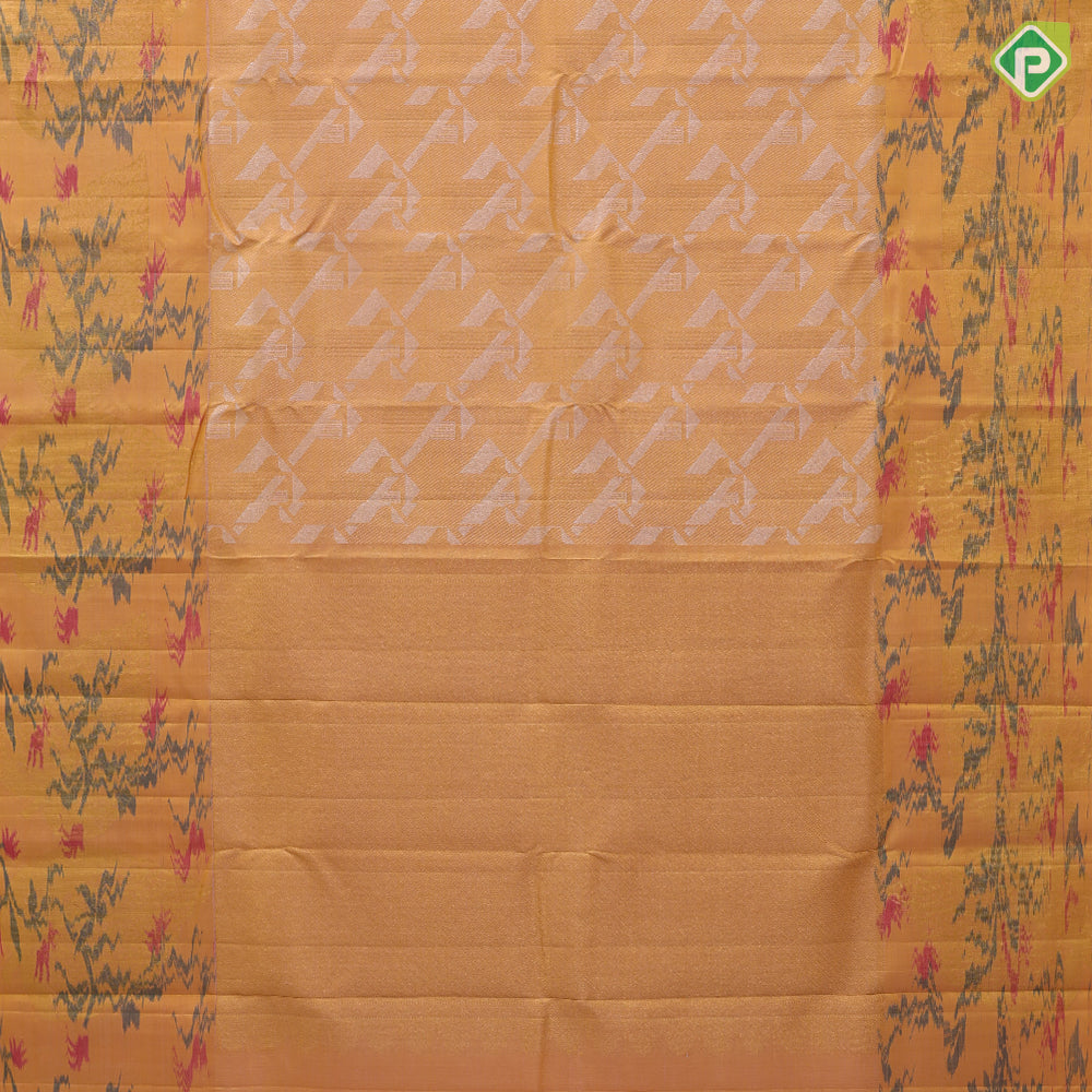 Mustard silver gold zari self geomatical design self gold zari leaf ikkat design border fusion silk saree