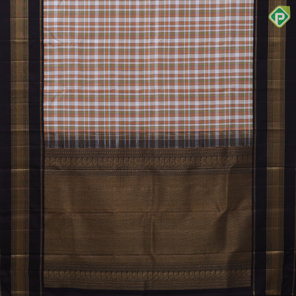 Multi Color barbarian checks design dark brown gold zari tri border traditional silk saree