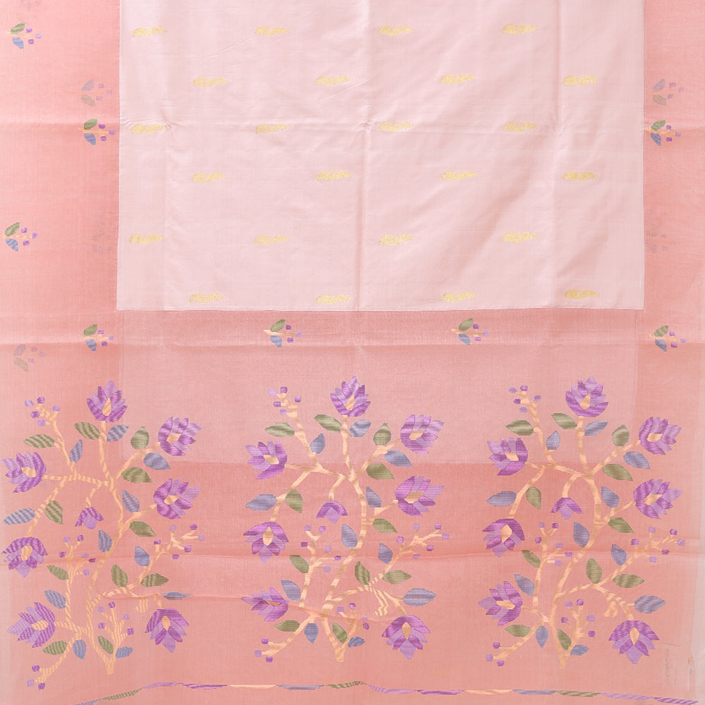 peach pink gold zari fancy peacock butta onion pink thread work border banaras style pallu kora silk saree