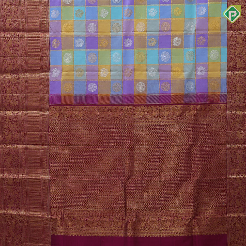 Multi color gold zari butta and zari kattam paalum pazhamum checks design maroon red high border traditional silk saree