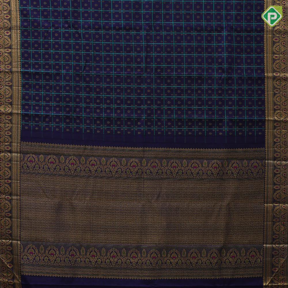Navy Blue Gold Zari Thread Checks Butta Design Self Colour Floral Meena Work Border Design Trendy Fancy Silk Saree