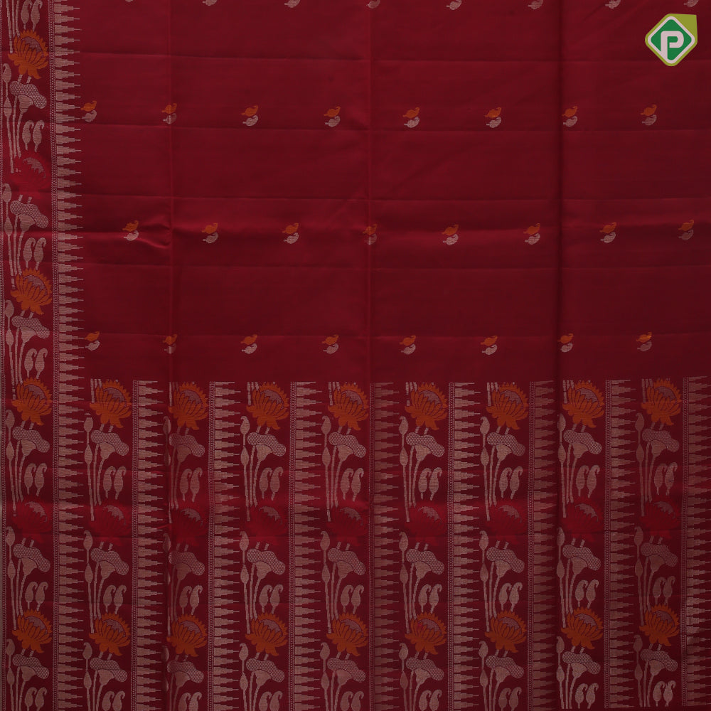Maroon silver gold zari silk thread mango design leaf design meena work pallu and Border soft silk saree