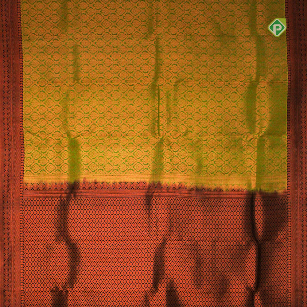 Parrot Green Mango Motifs Border Pure Embossed Silk Saree