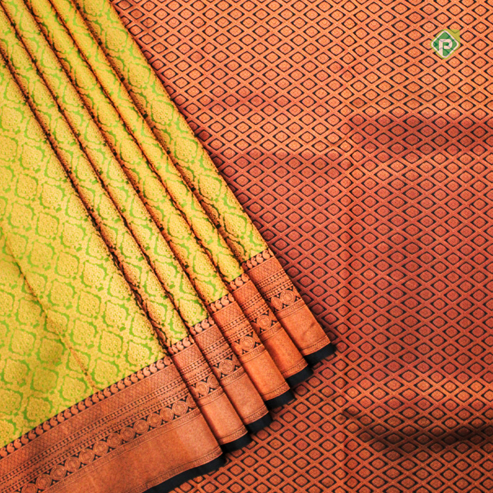 Parrot Green Mango Motifs Border Pure Embossed Silk Saree