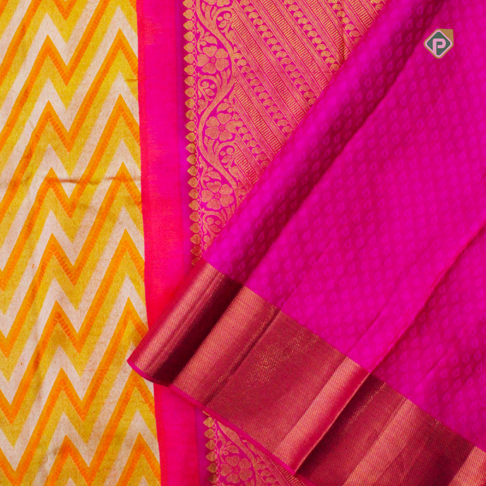 Honey orange With Crimson Pink Gold Zari Pure Trendy Designer Silk Saree