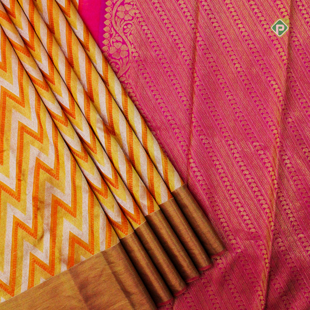 Honey orange With Crimson Pink Gold Zari Pure Trendy Designer Silk Saree