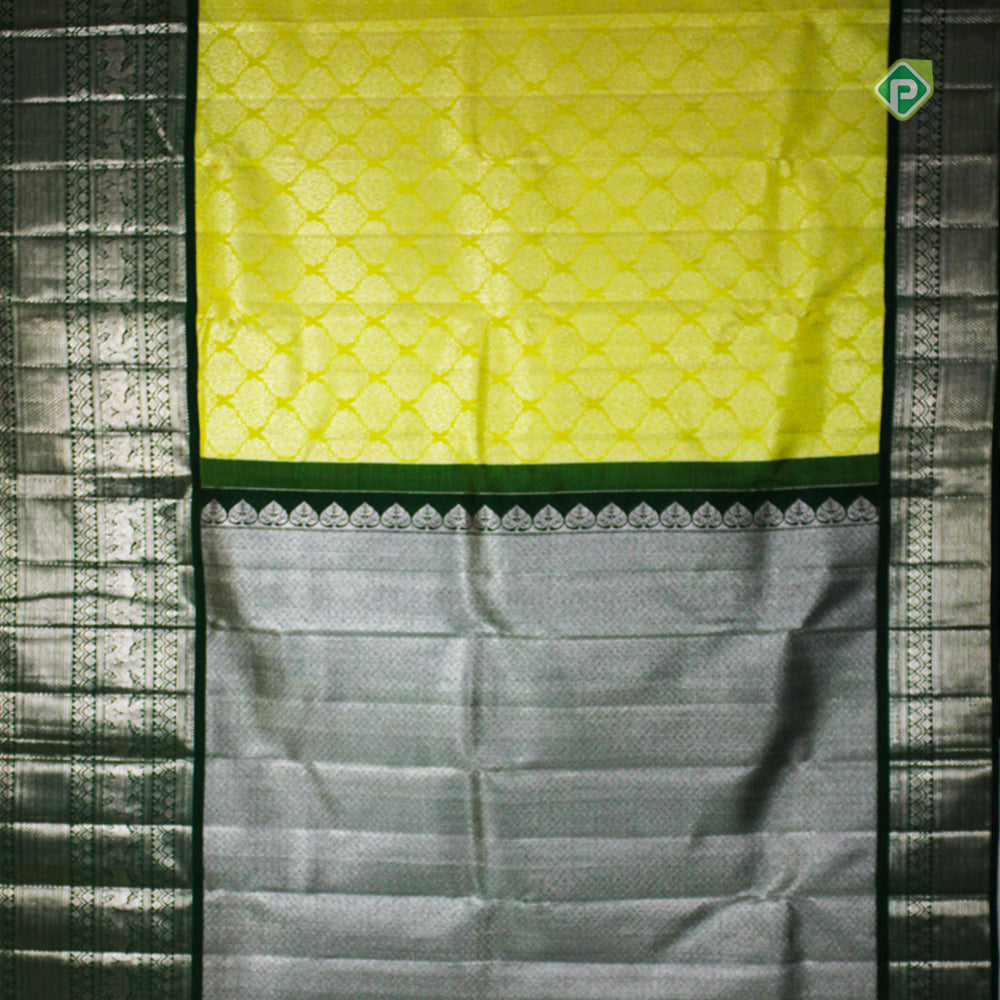 Lemon Green Silver Zari Yaali Motifs Lines Border Pure Traditional Silk Saree