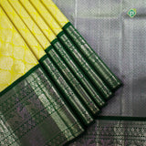 Lemon Green Silver Zari Yaali Motifs Lines Border Pure Traditional Silk Saree
