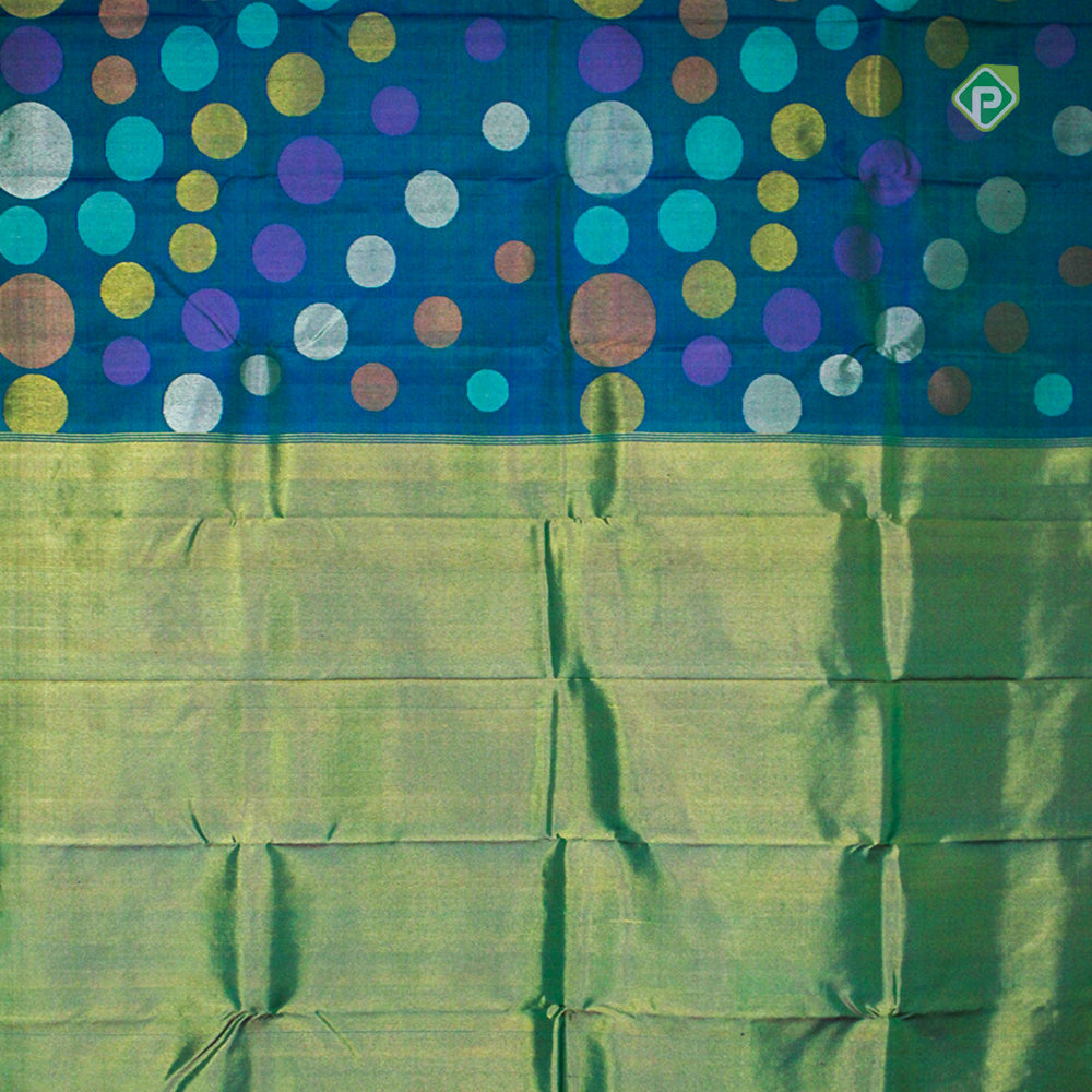 Peacock Green Colour With Full Body Multi Colour Circles Motifs Without Border Pure Trendy Design Saree