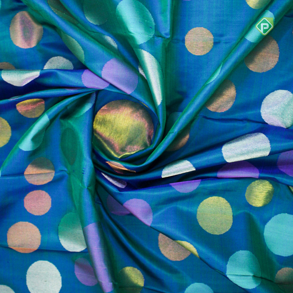 Peacock Green Colour With Full Body Multi Colour Circles Motifs Without Border Pure Trendy Design Saree