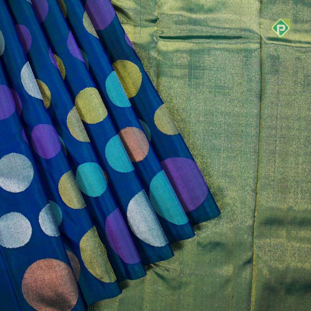 Peacock Green Colour With Full Body Multi Colour Circles Motifs Without Border Pure Trendy Design Saree