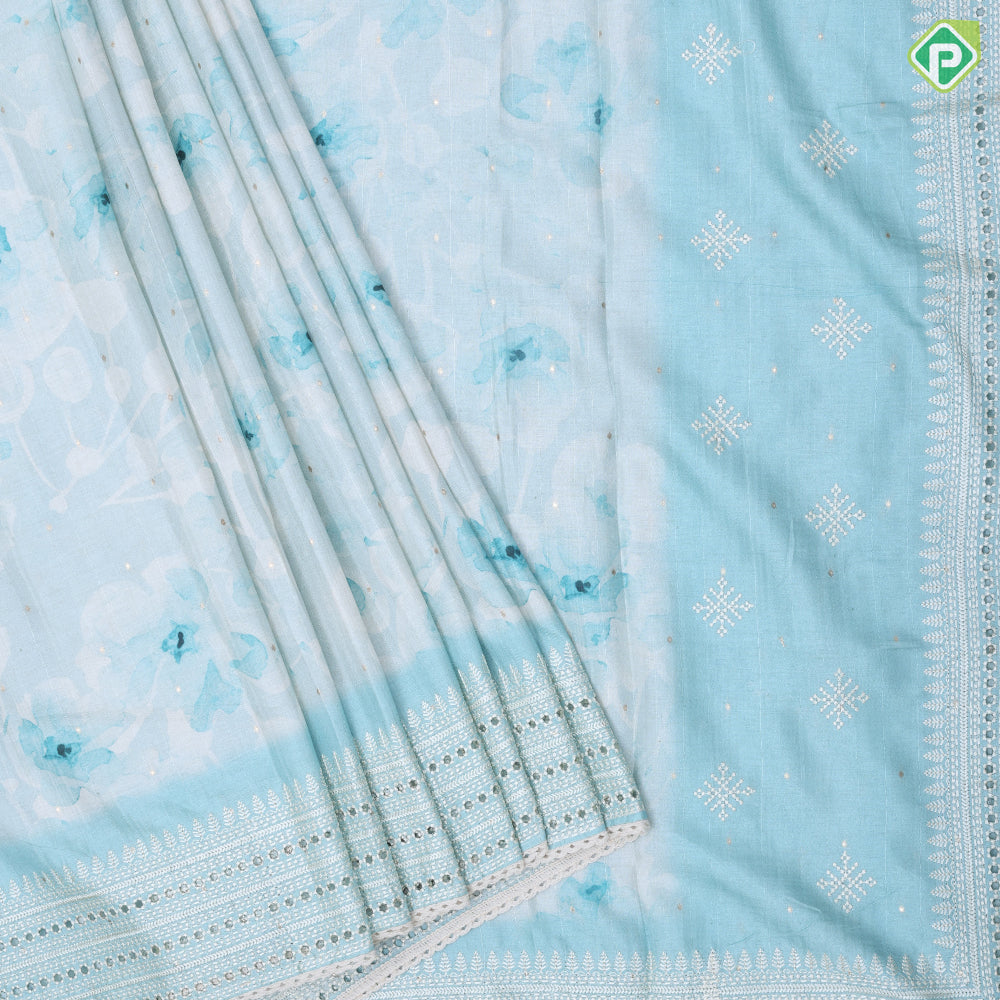 Pastel colors modern art printed design self cut work border fancy cotton saree