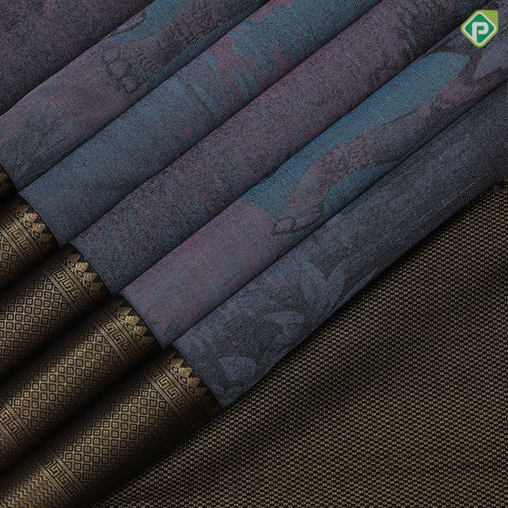 Steel grey base dusky pink Historical India inspired subtle vintage artistic details woven signature kanchipuram masterpiece silk saree