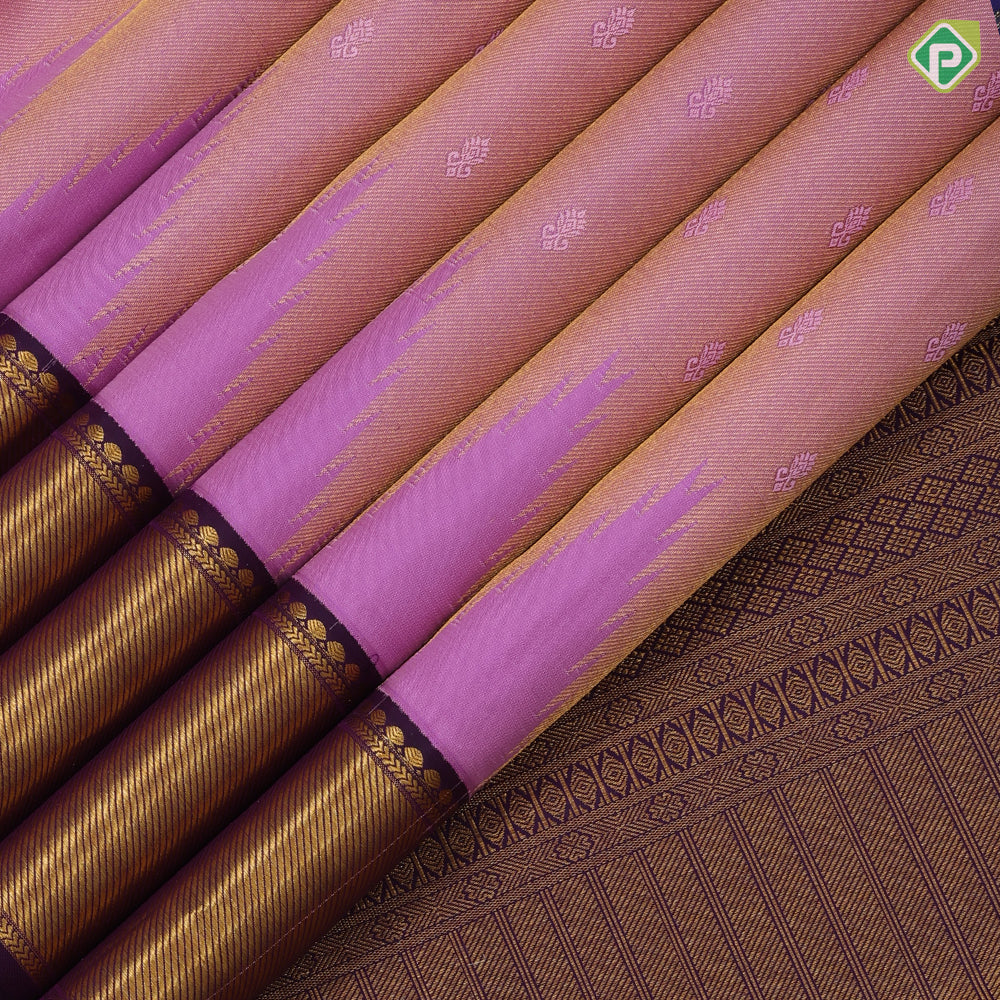 Bubble gum pink gold zari temple tissue thread butta purple gold zari bavanji border traditional silk saree