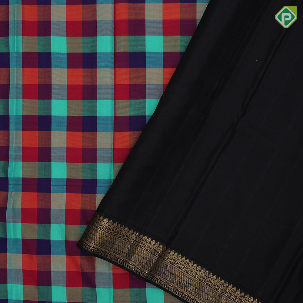 Multi color paalum pazhamum checks design luxury black gold zari border ravi varma painting pallu concept silk saree