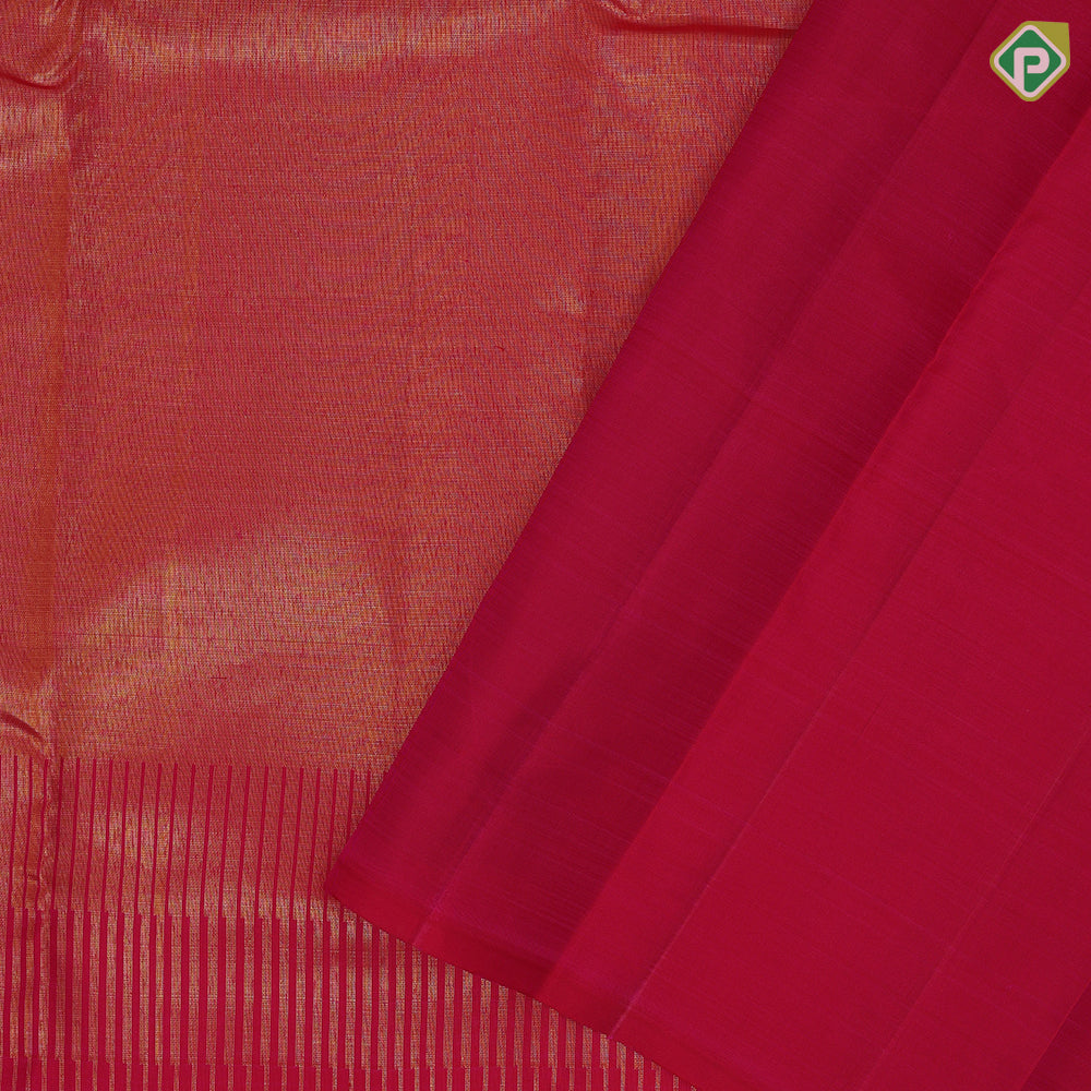 Rani pink gold zari shimmer tissue tower design self gold zari plain tissue border contemporary silk saree