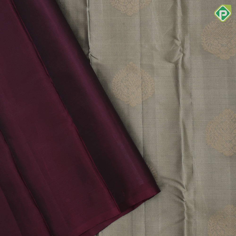 Artichoke green gold zari big leaf butta design magenta gold zari thilagam butta border pure mix silk saree