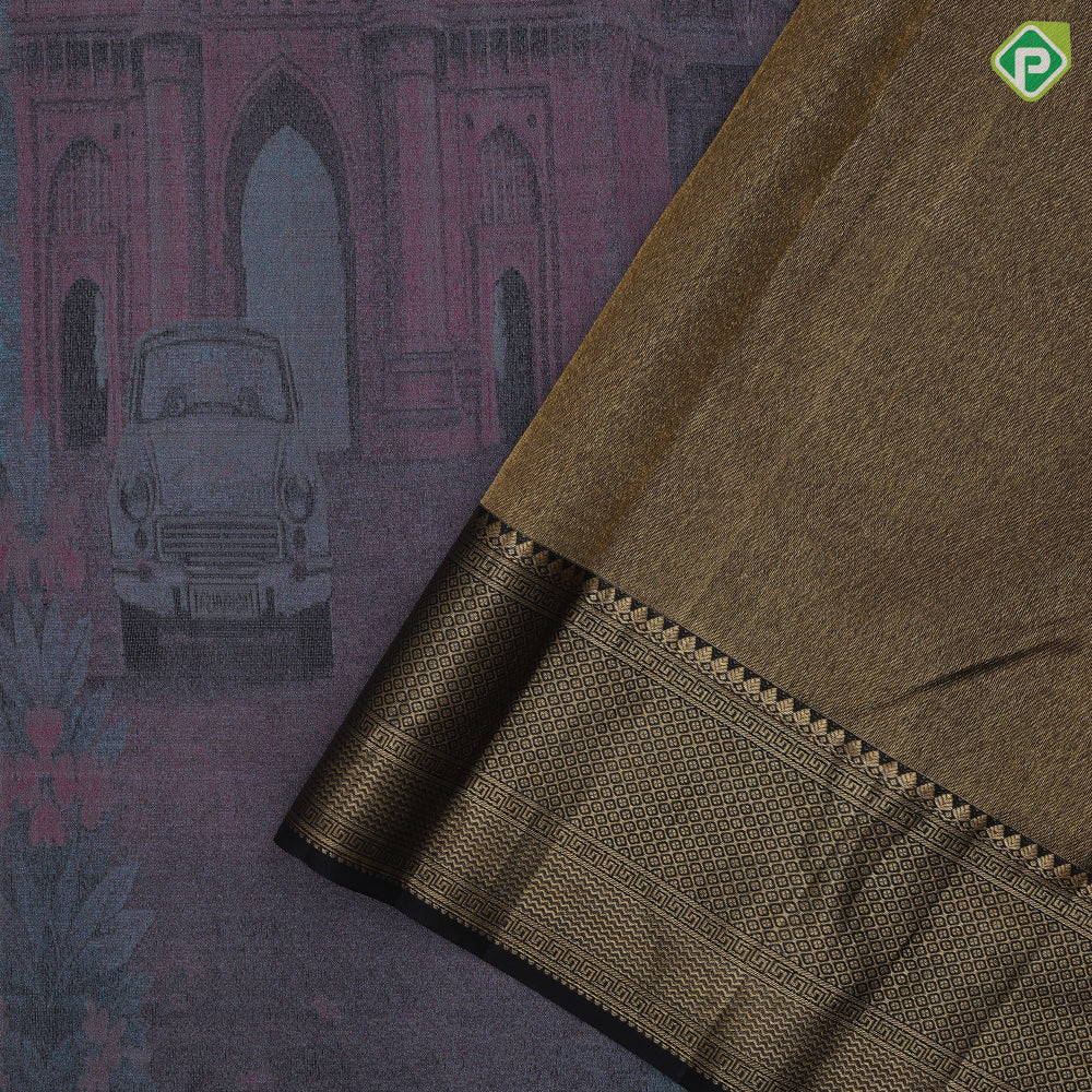 Steel grey base dusky pink Historical India inspired subtle vintage artistic details woven signature kanchipuram masterpiece silk saree