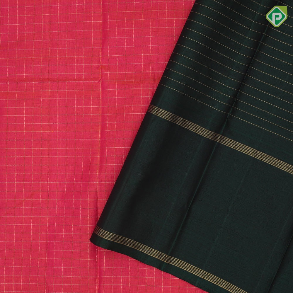 Pinkish Orange Gold Zari Vairaoosi Checked Design Ganga Jamuna Lines Border Design Traditional Silk Saree