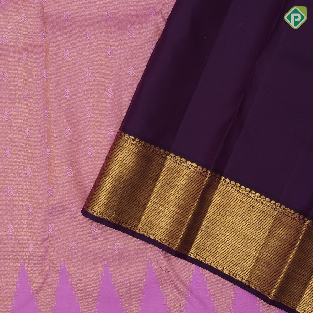 Bubble gum pink gold zari temple tissue thread butta purple gold zari bavanji border traditional silk saree
